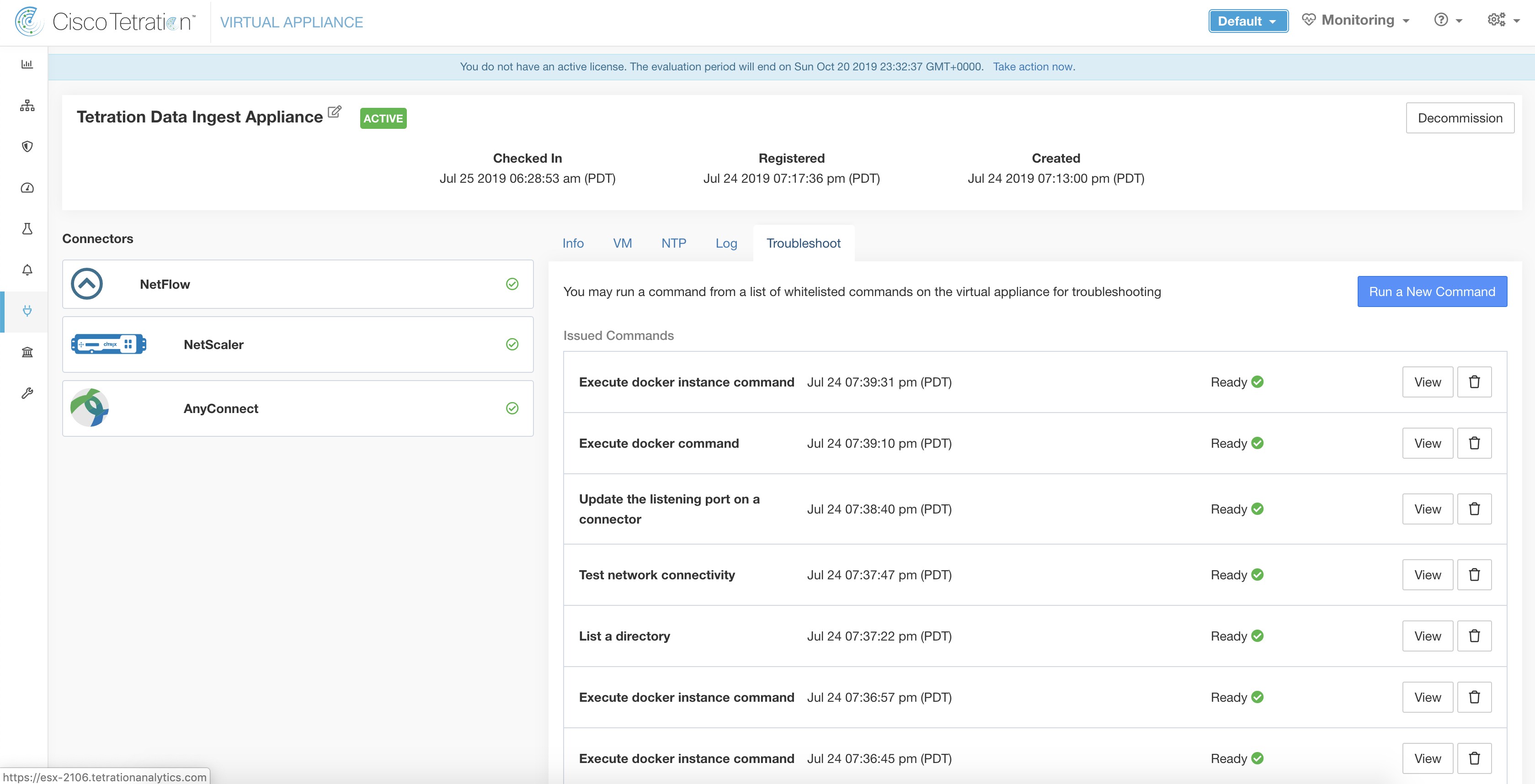Troubleshoot page on Secure Workload virtual appliance