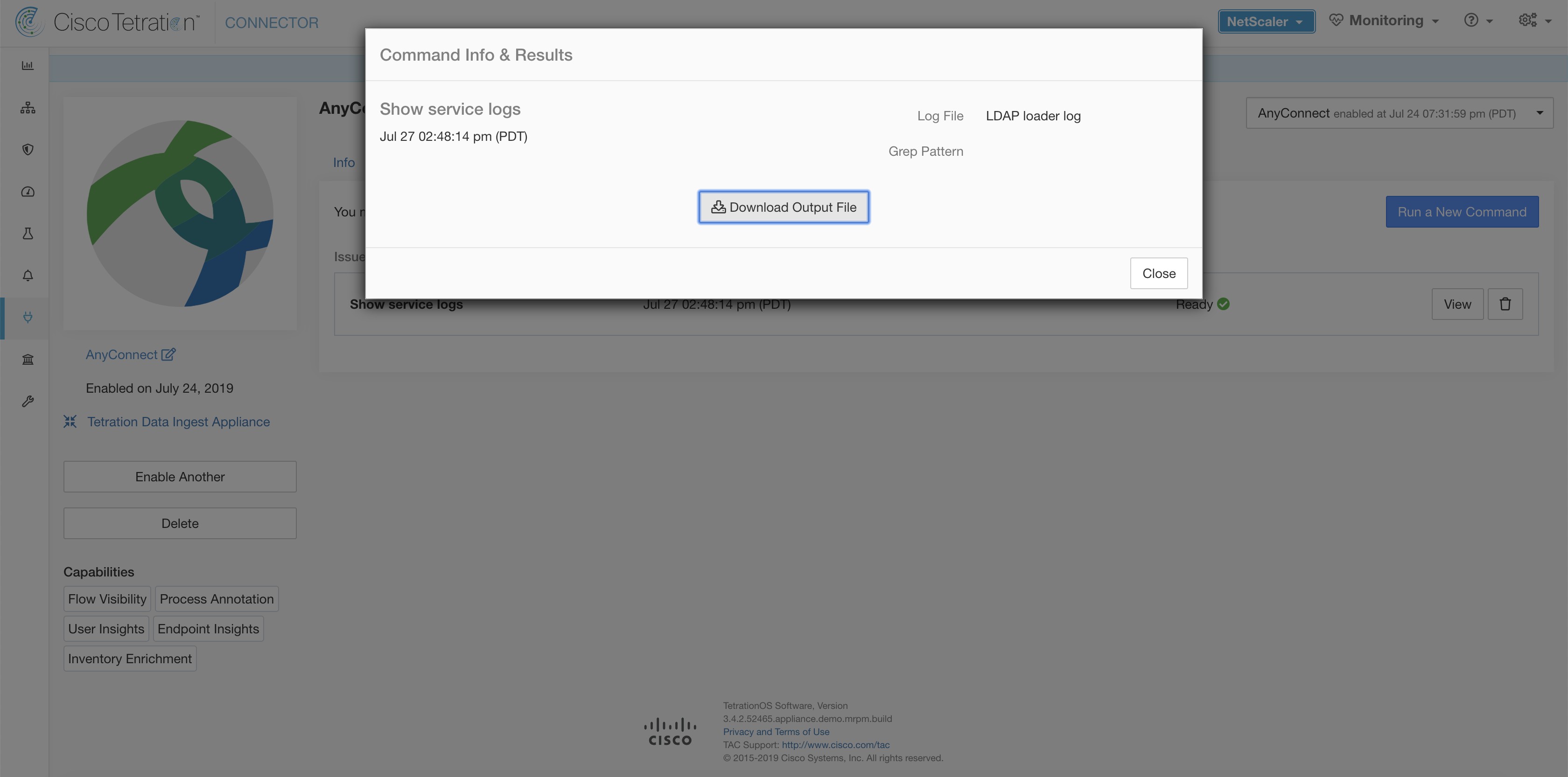 Download Show Service Logs output from AnyConnect connector for