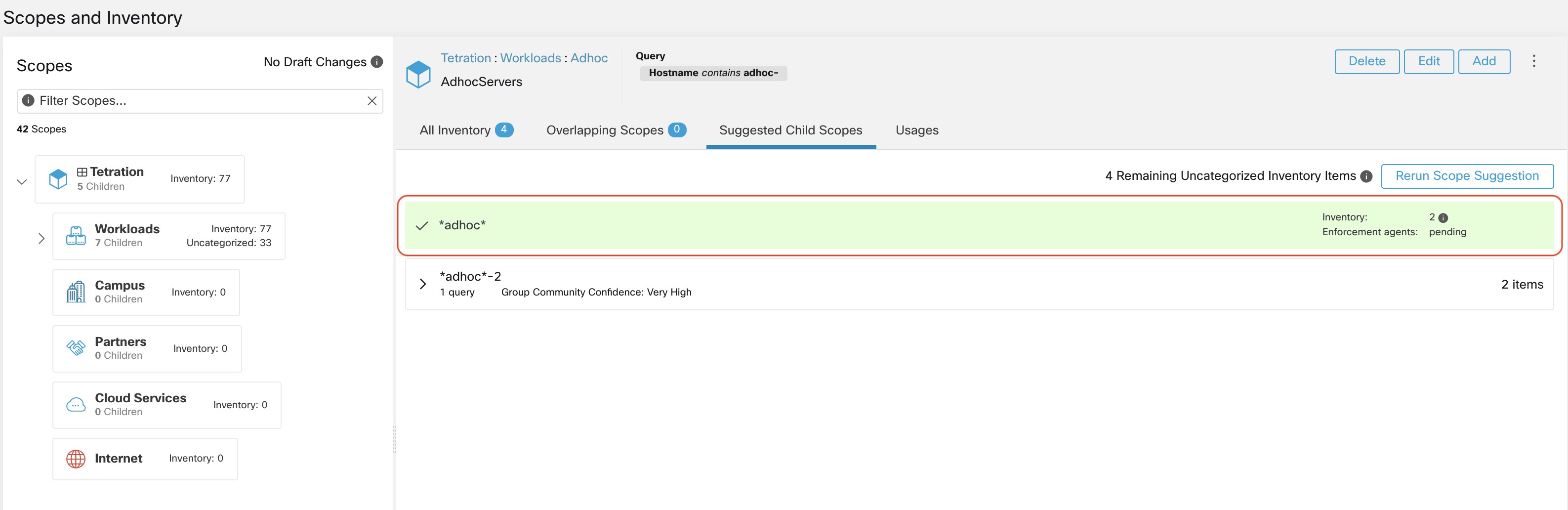 Example of scope suggestion output after converting one suggested group to a scope