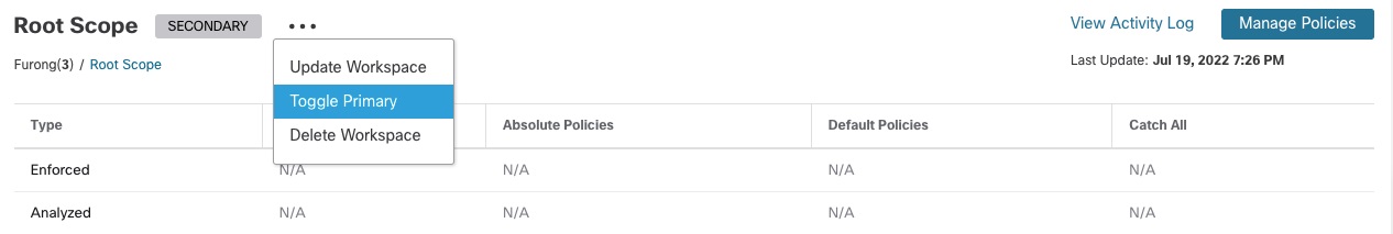 Switching a workspace between Primary and Secondary
